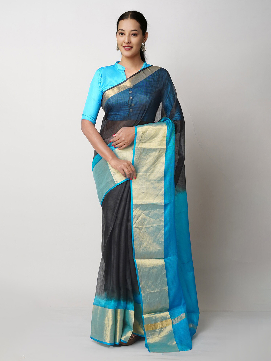 

Unnati Silks Checked Zari Pure Silk Kota Saree, Black