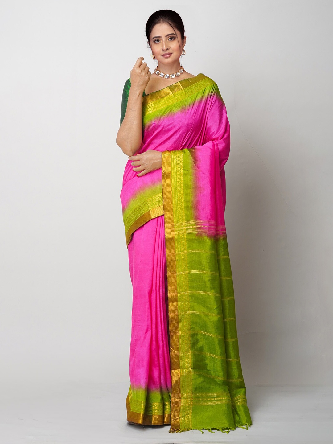 

Unnati Silks Pink & Green Dyed Zari Mangalagiri Silk Saree