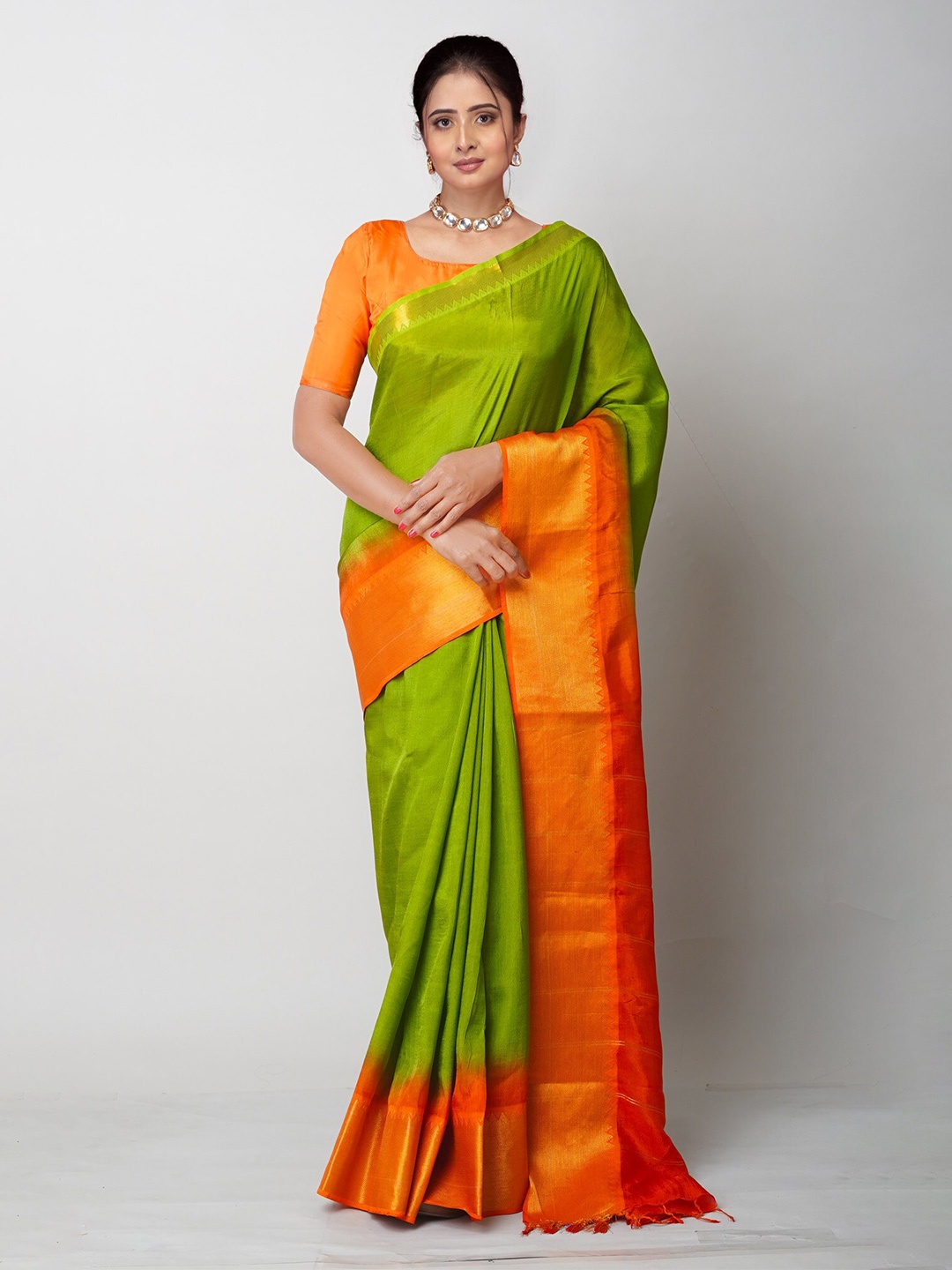 

Unnati Silks Zari Detailed Brocade Silk Mangalagiri Saree, Green