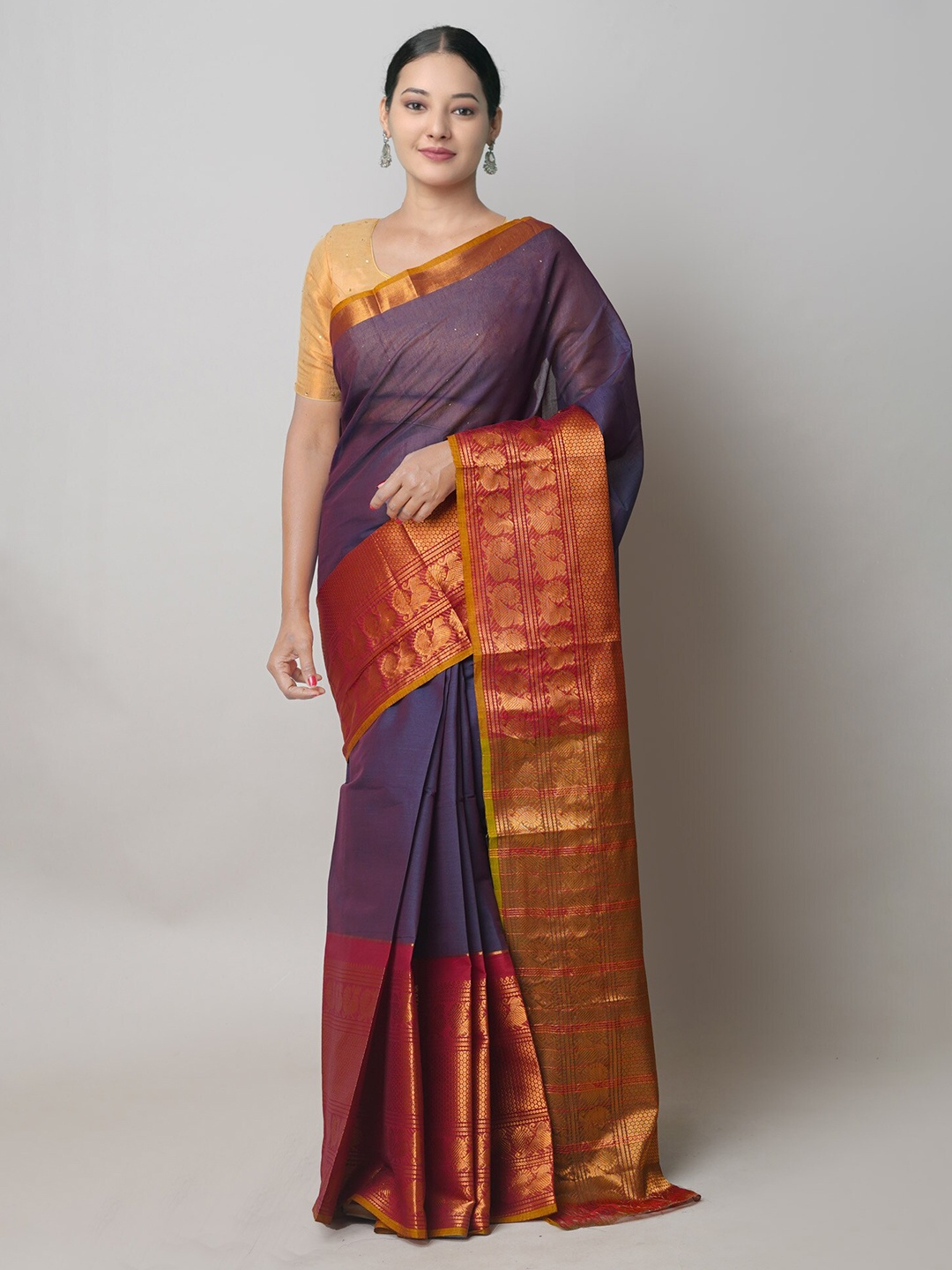 

Unnati Silks Zari Detailed Pure Cotton Handloom Narayan Peth Saree, Purple