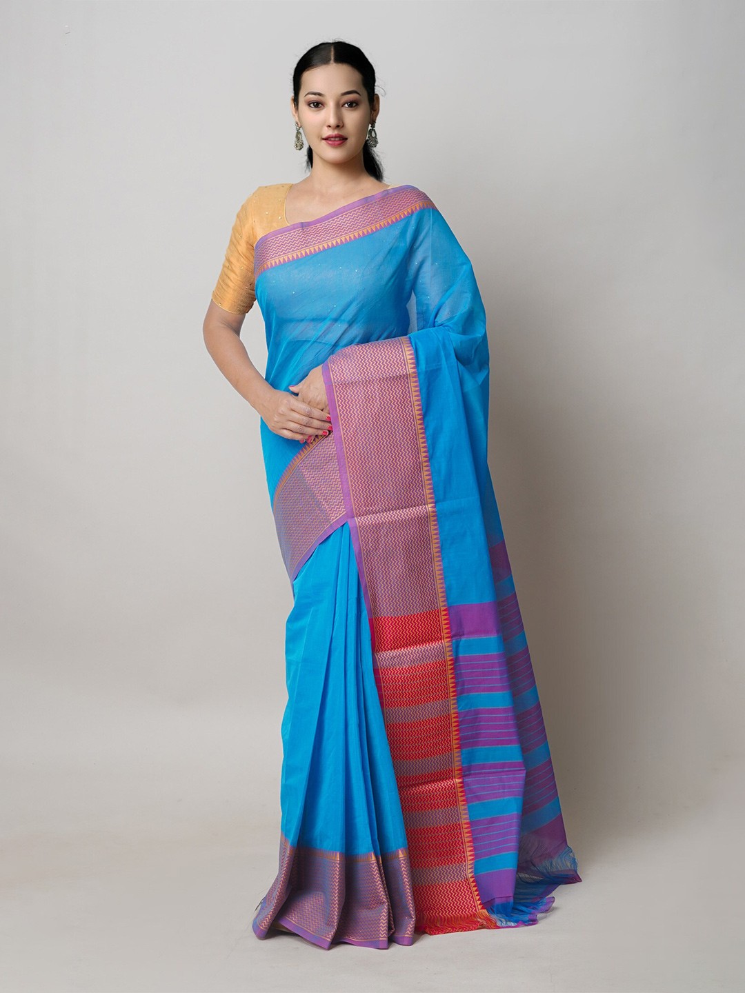 

Unnati Silks Woven Design Pure Cotton Handloom Narayan Peth Saree, Blue