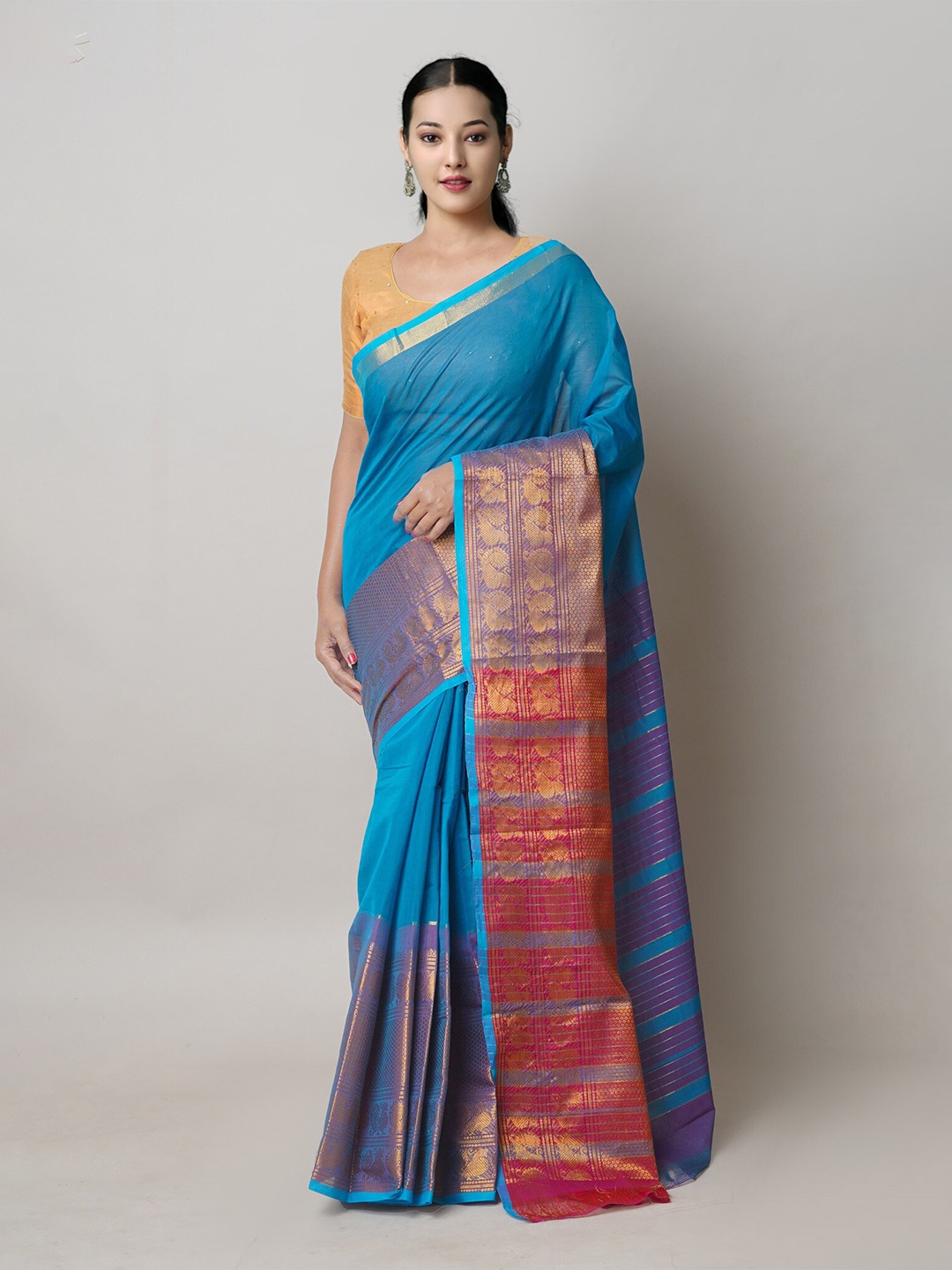 

Unnati Silks Woven Design Border Pure Cotton Handloom Narayan Peth Saree, Blue