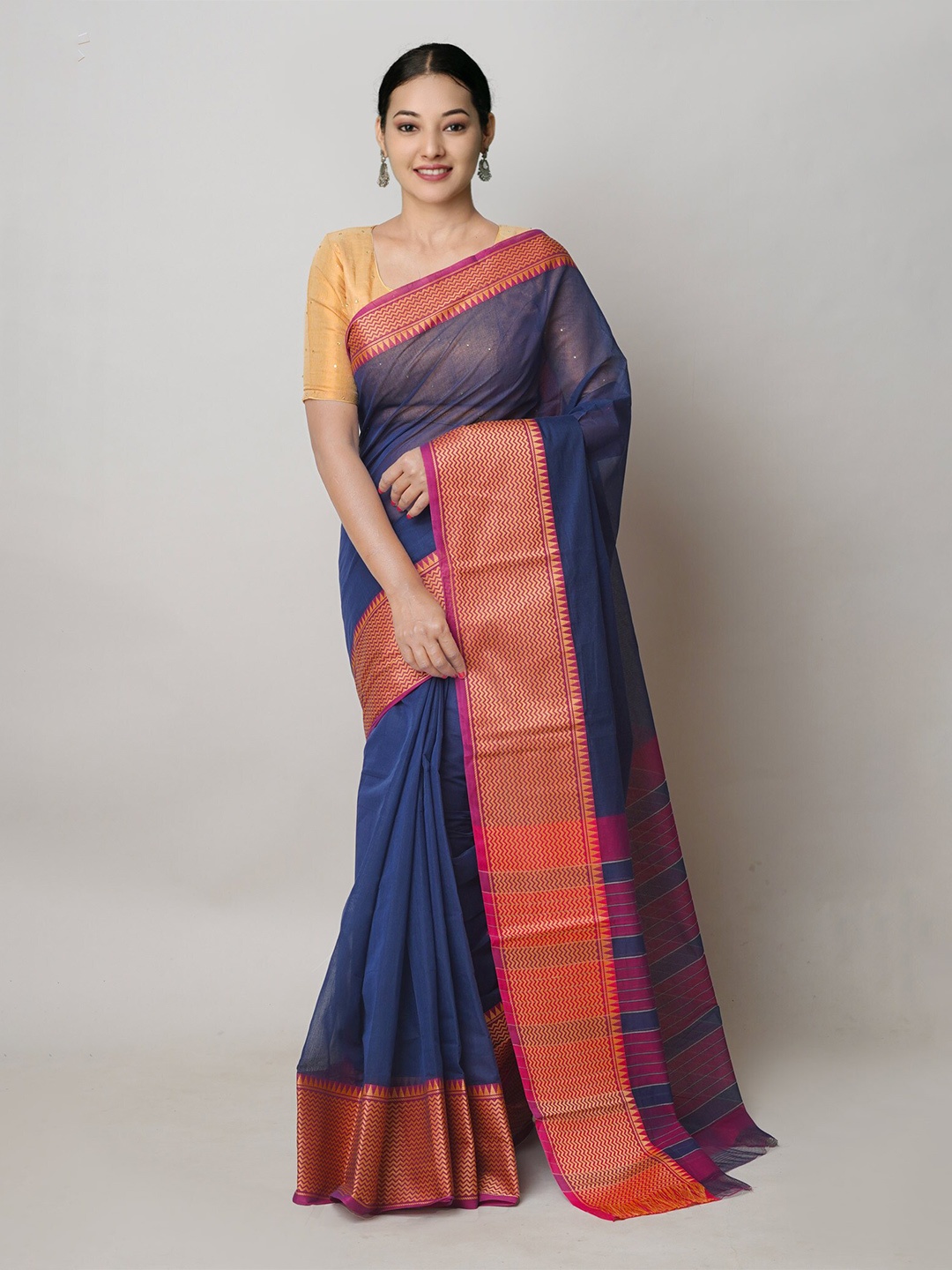 

Unnati Silks Zari Pure Cotton Handloom Narayan Peth Saree, Navy blue