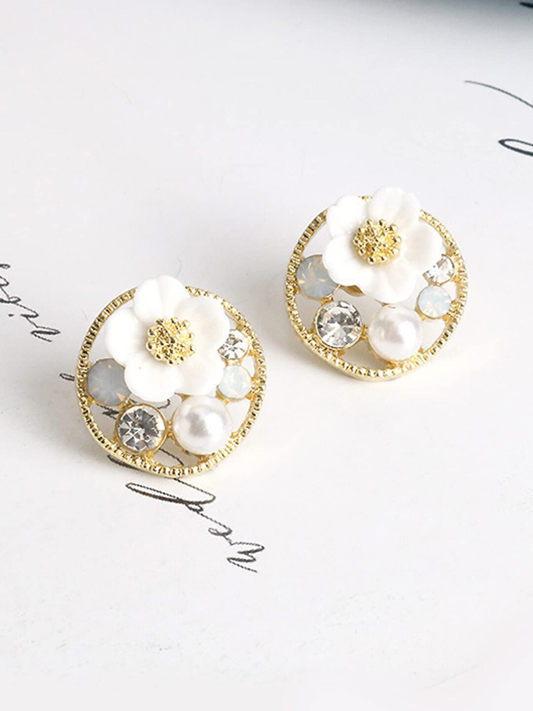 

FIMBUL Gold-Plated Floral Stone Studded & Beaded Studs Earrings, White