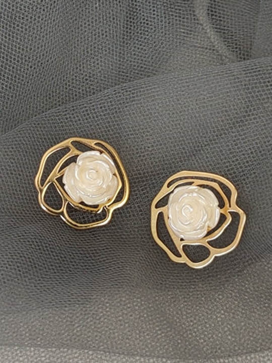 

FIMBUL Gold-Plated Floral Stone Studded & Beaded Studs Earrings, White