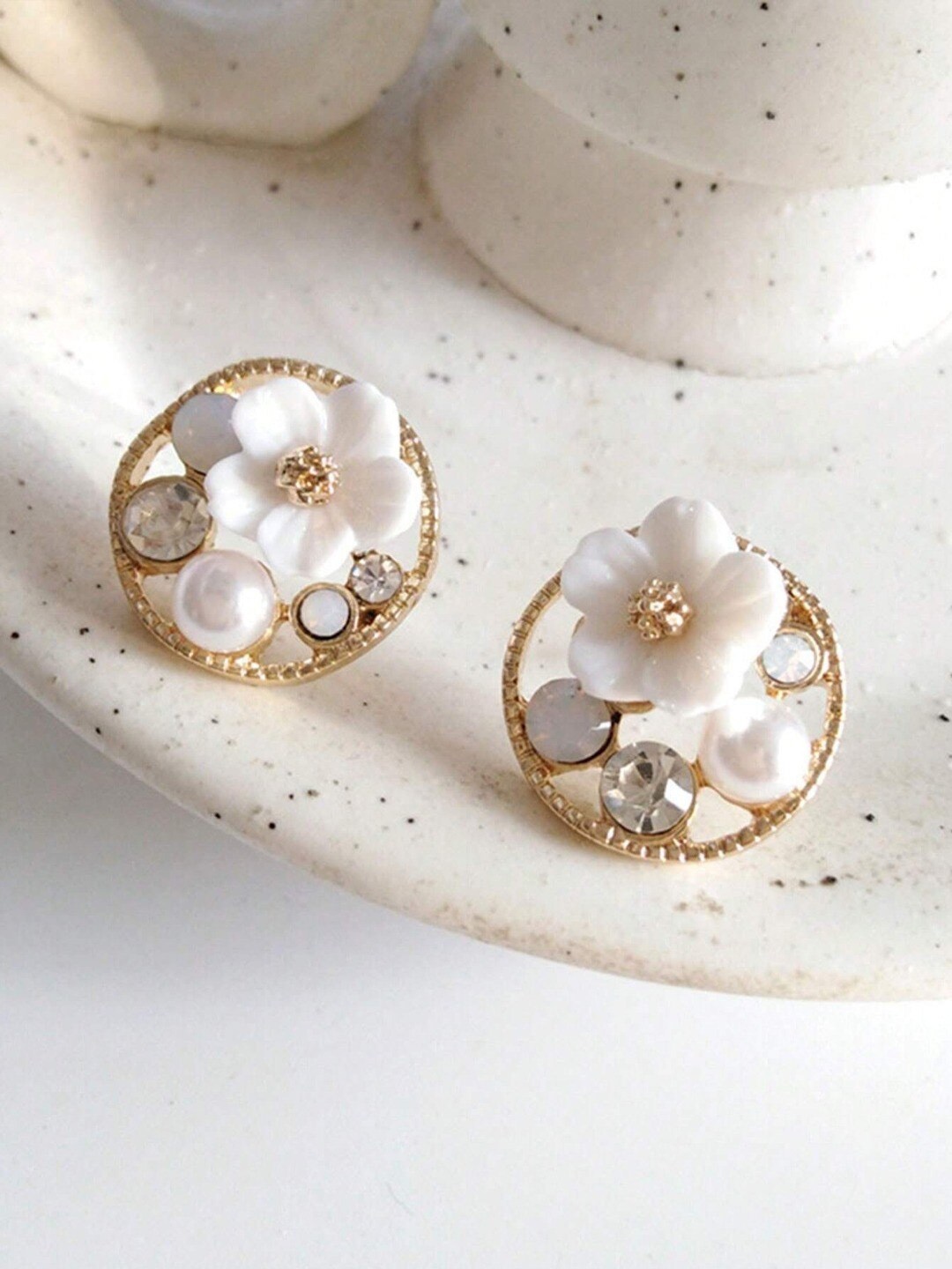 

FIMBUL Gold-Plated Floral Stone Studded & Beaded Studs Earrings, White