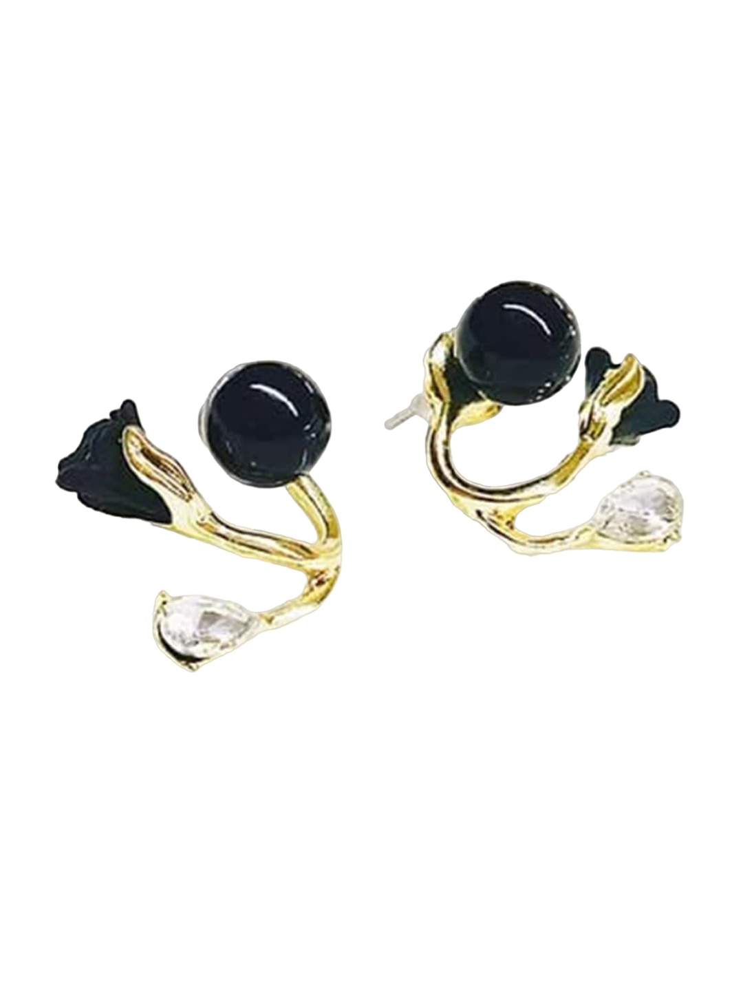 

VAGHBHATT Gold-Plated Stone & Beaded Floral Jackets Studs Earrings, Black