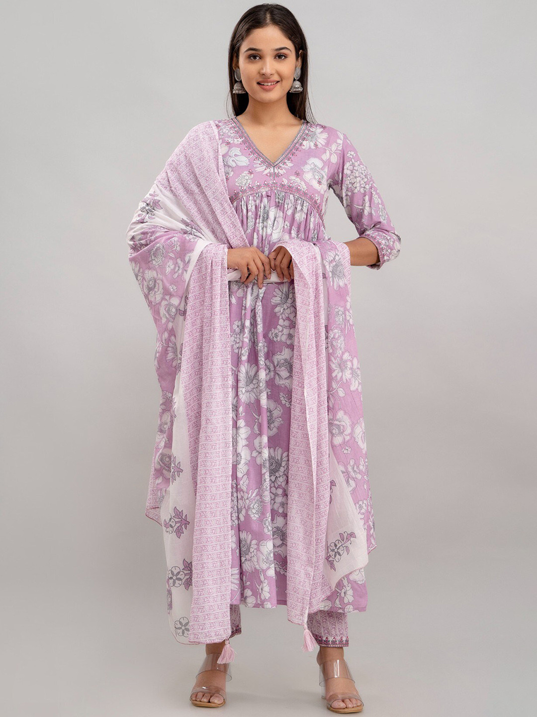 

BAESD Floral Printed Thread Work Pure Cotton Anarkali Kurta with Trousers & With Dupatta, Purple