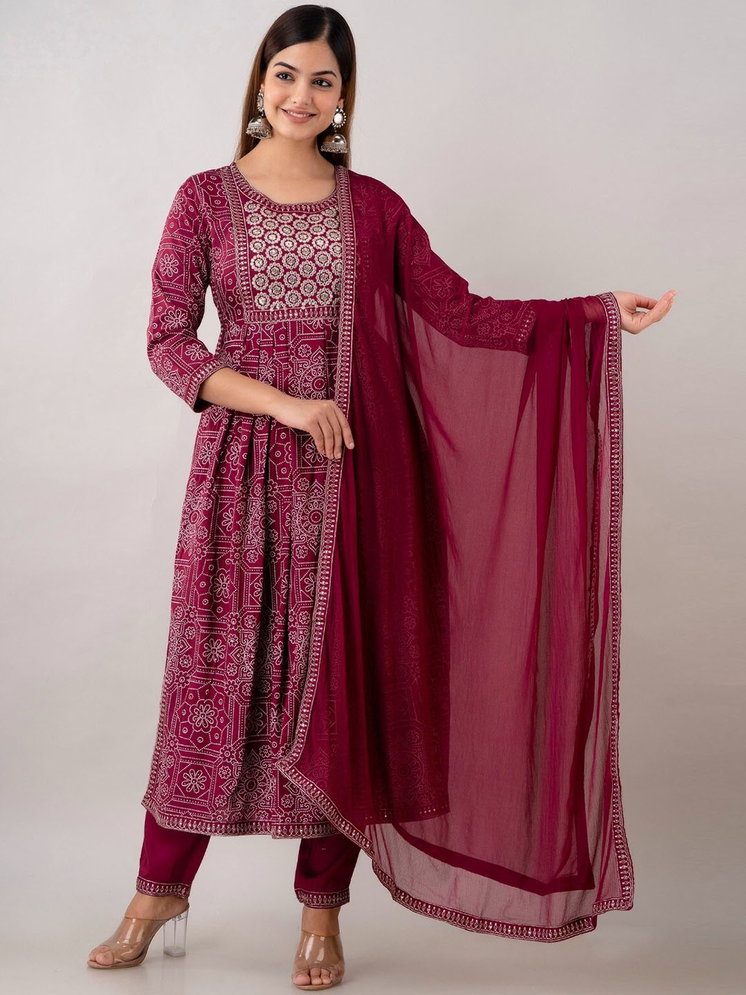 

BAESD Floral Printed Regular Thread Work A-Line Kurta with Trousers & \Dupatta, Maroon