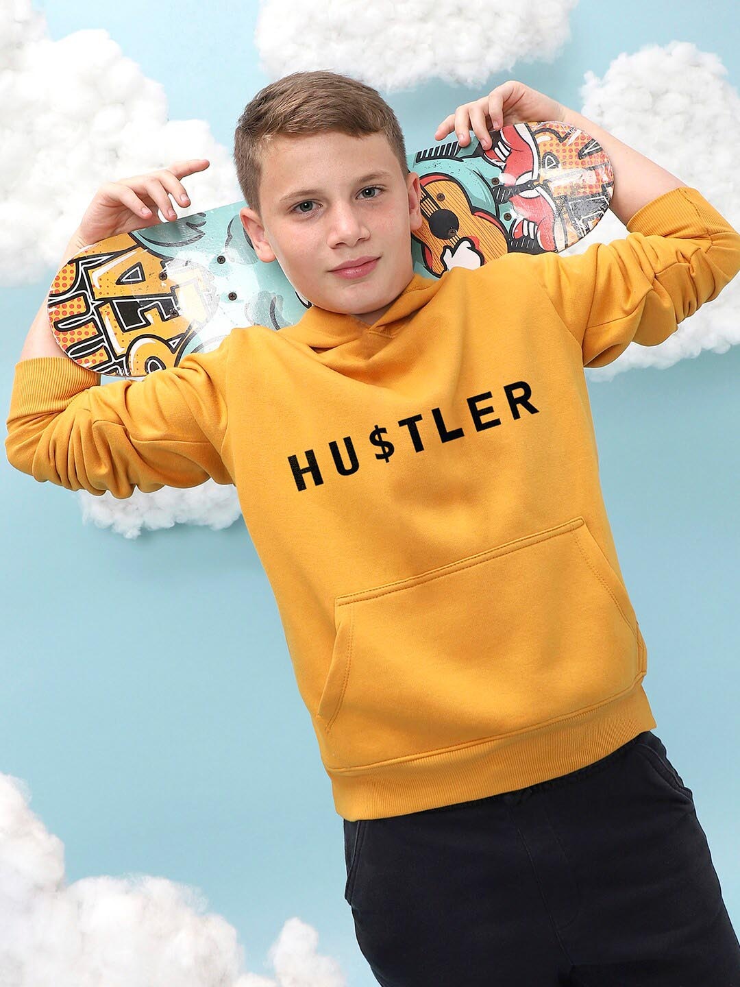 

Instafab Boys Typography Printed Hooded Cotton Sweatshirt, Mustard