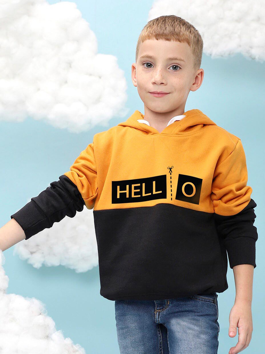 

Instafab Boys Colourblocked Hooded Cotton Pullover Sweatshirt, Mustard