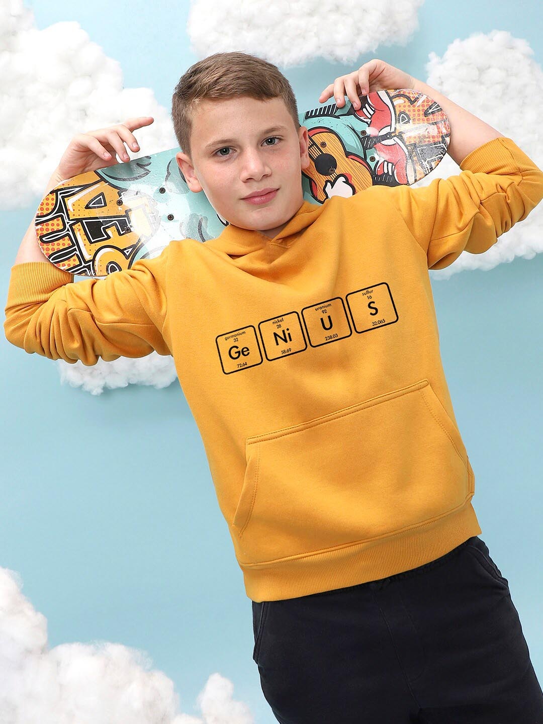 

Instafab Boys Typography Printed Hooded Cotton Sweatshirt, Mustard