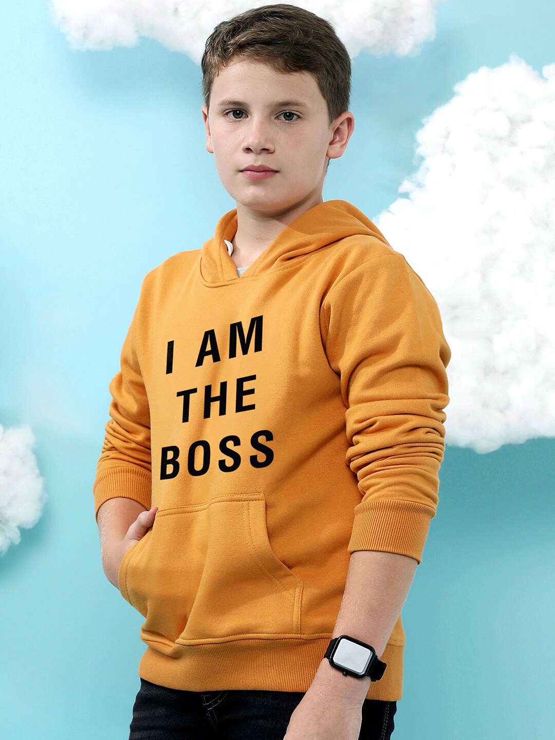 

Instafab Boys Typography Printed Cotton Hooded Pullover, Mustard