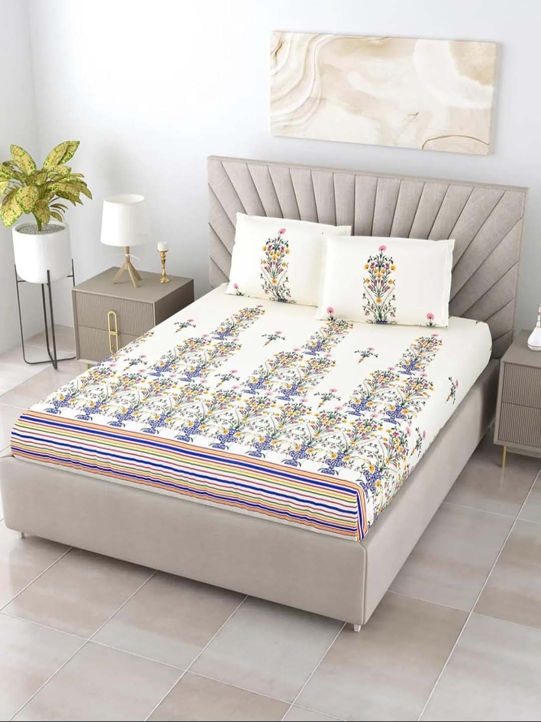 

BOMBAY DYEING Yellow & Blue Floral Cotton 210 TC King Bedsheet With 2 Pillow Covers