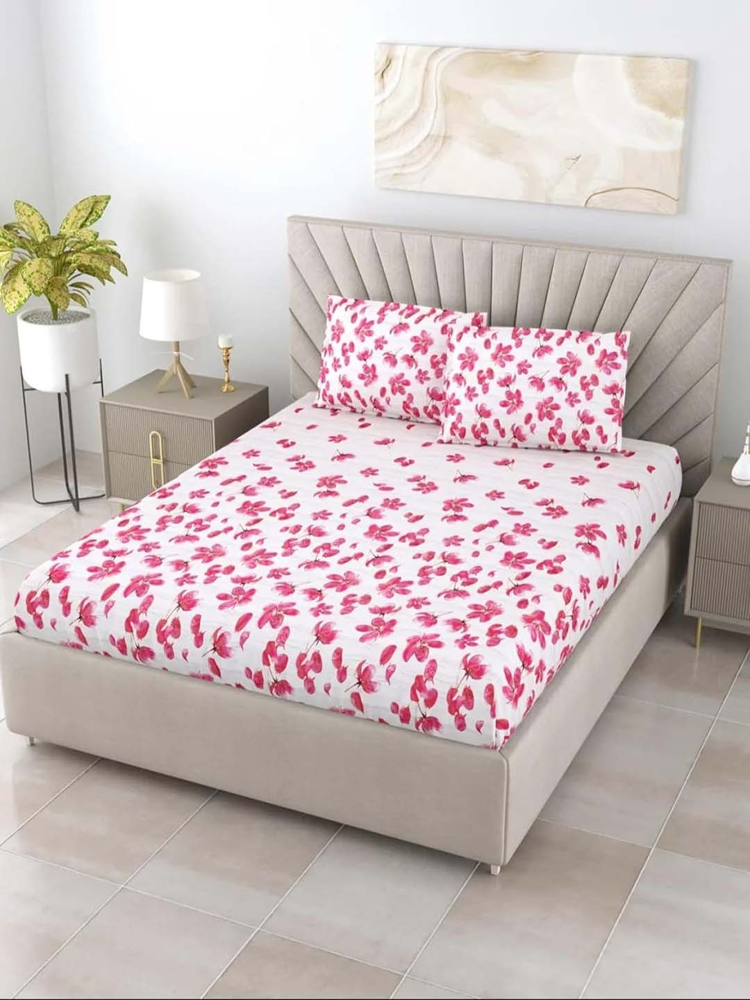 

BOMBAY DYEING Pink Floral Cotton 210 TC King Bedsheet With 2 Pillow Covers