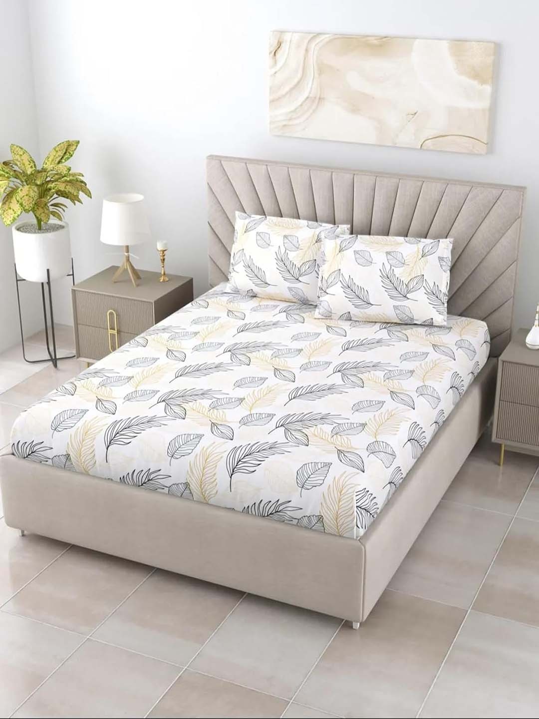 

BOMBAY DYEING Fiesta White Floral Cotton180 TC King Bedsheet with 2 Pillow Covers