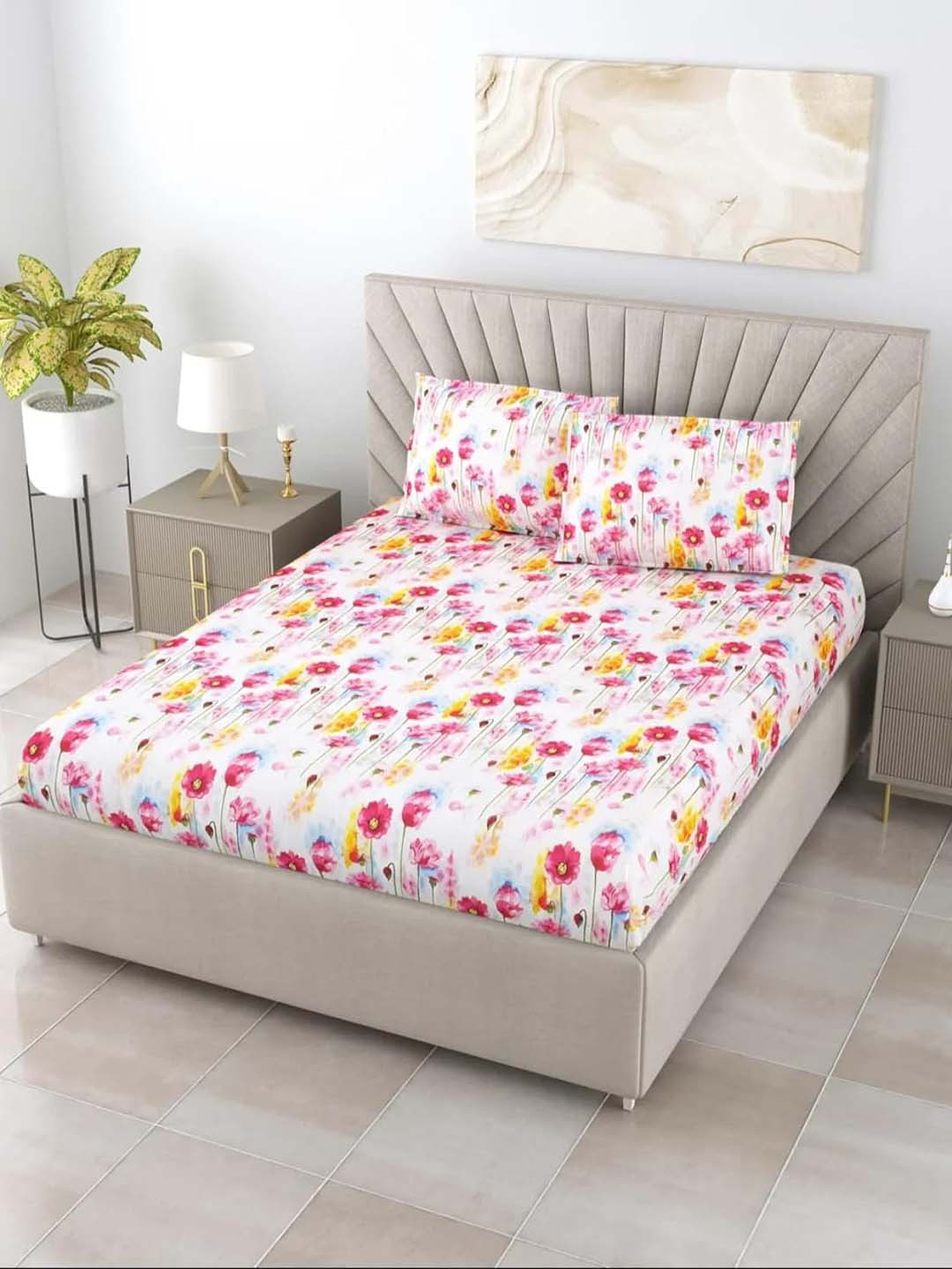 

BOMBAY DYEING White & Pink Floral Pure Cotton 210 TC King Bedsheet with 2 Pillow Covers