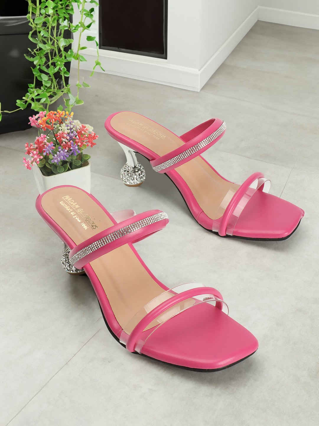 

madam glorious Embellished Double Strap Block Heels, Pink