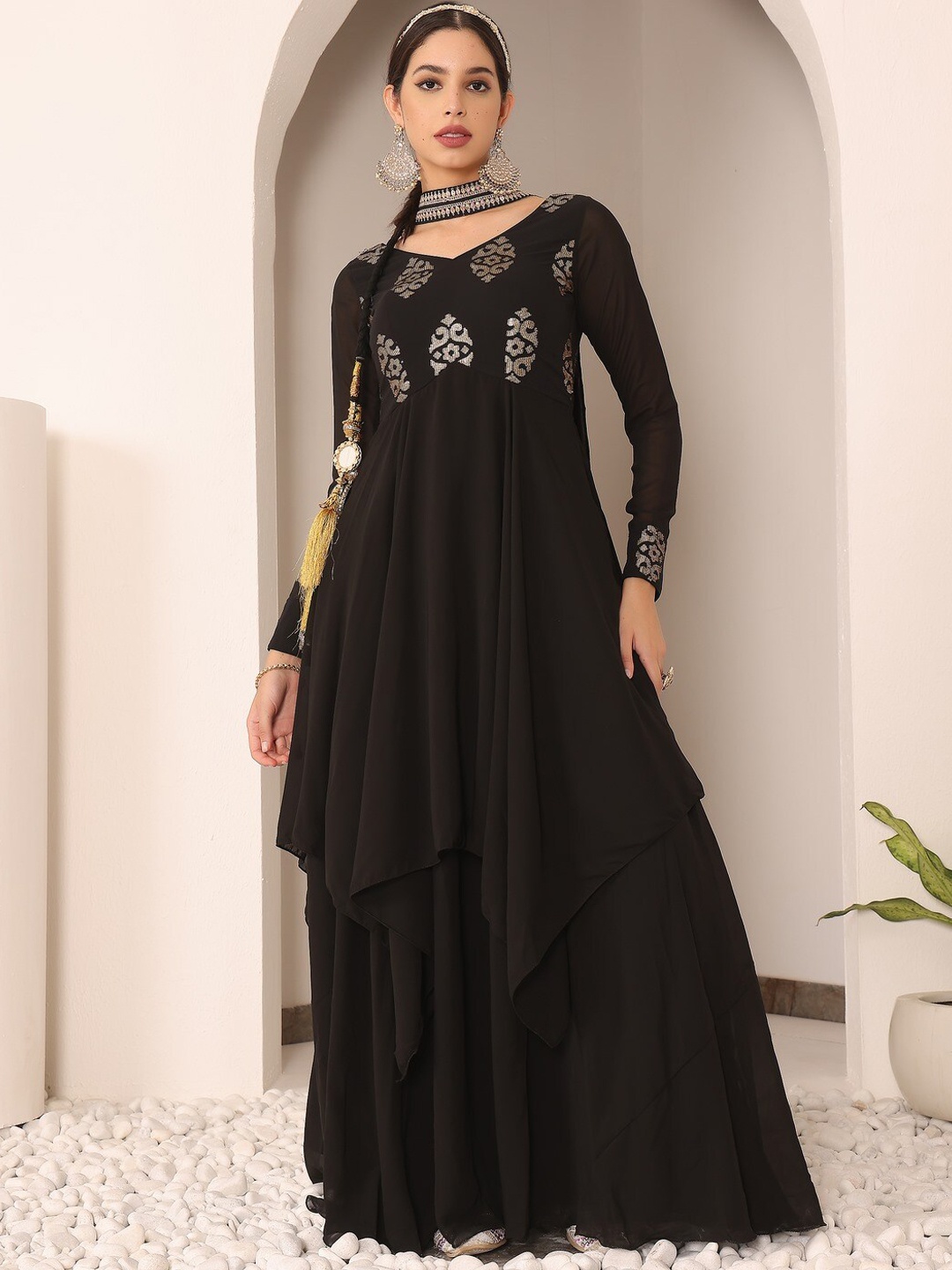 

Ethnovog Ethnic Motifs Embroidered Sequined Anarkali Kurta With Palazzo & Dupatta, Black