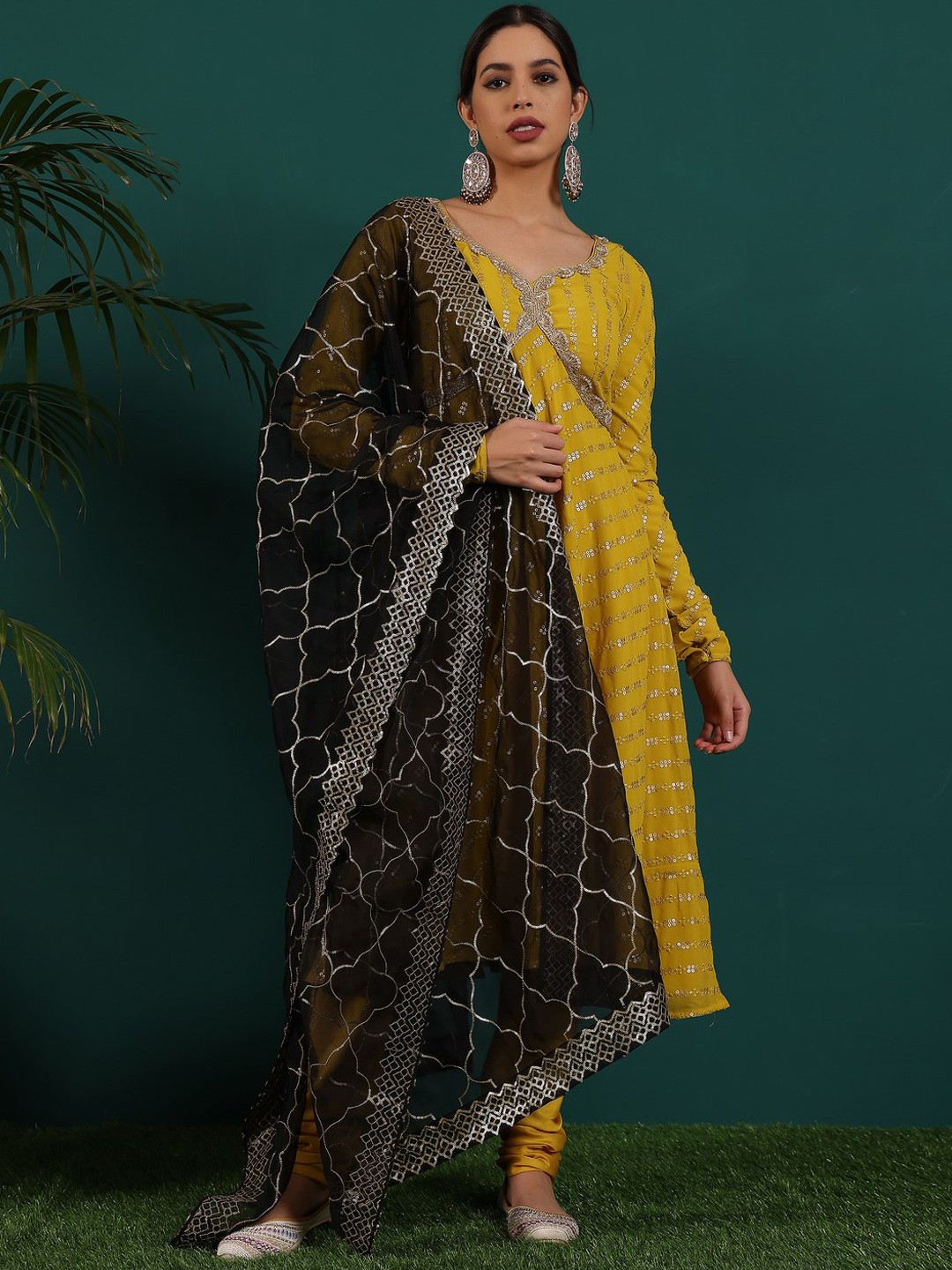 

Ethnovog Striped Embroidered Sequinned V-Neck Anarkali & Churidar With Dupatta, Mustard