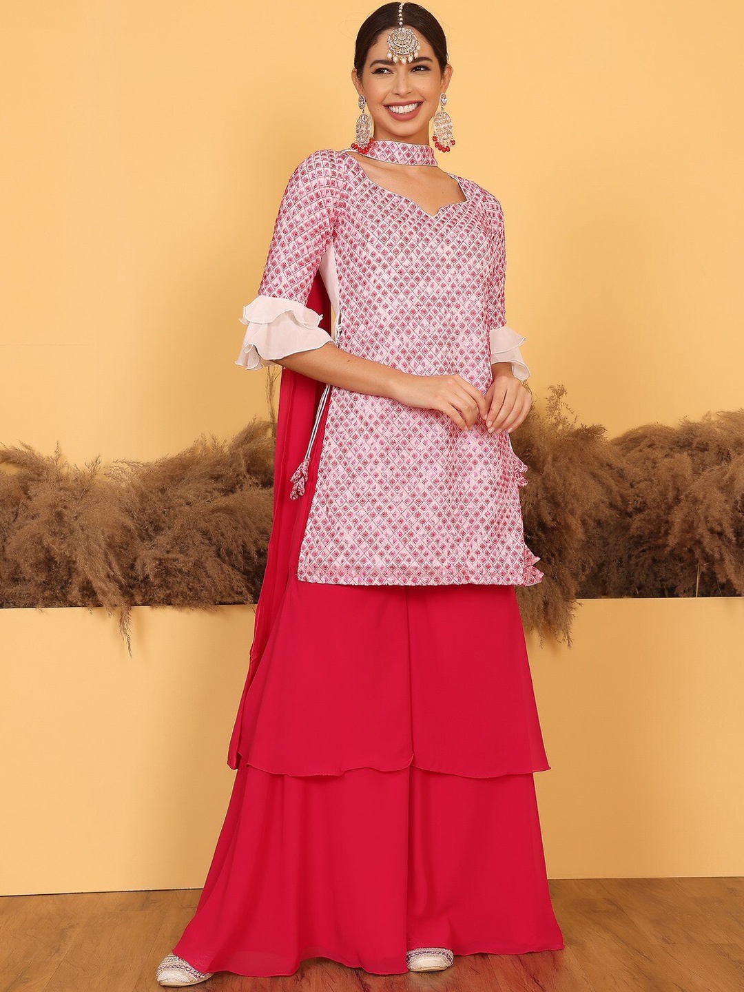 

Ethnovog Floral Embroidered Kurta With Sharara & Dupatta Poly Georgette, White