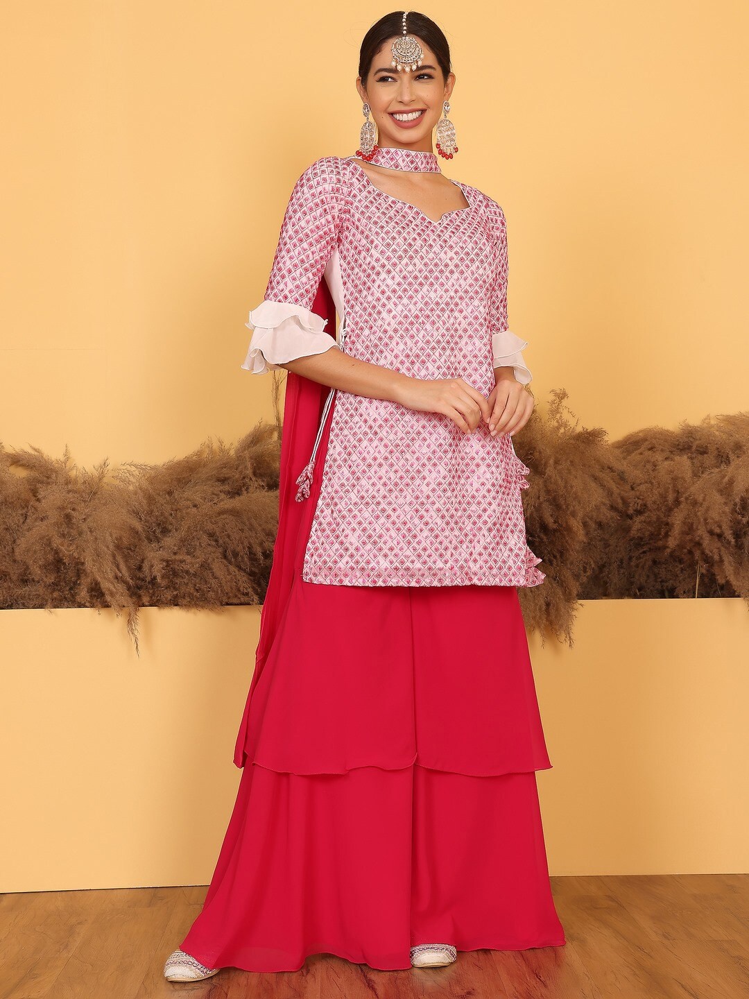 

Ethnovog Embroidered Sequinned Kurti With Sharara And Dupatta, Cream