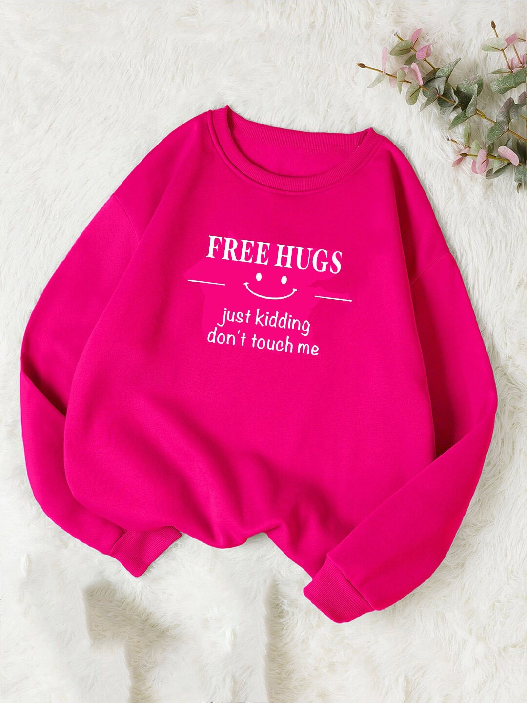 

Kotty Typography Printed Round Neck Fleece Pullover Sweatshirt, Pink