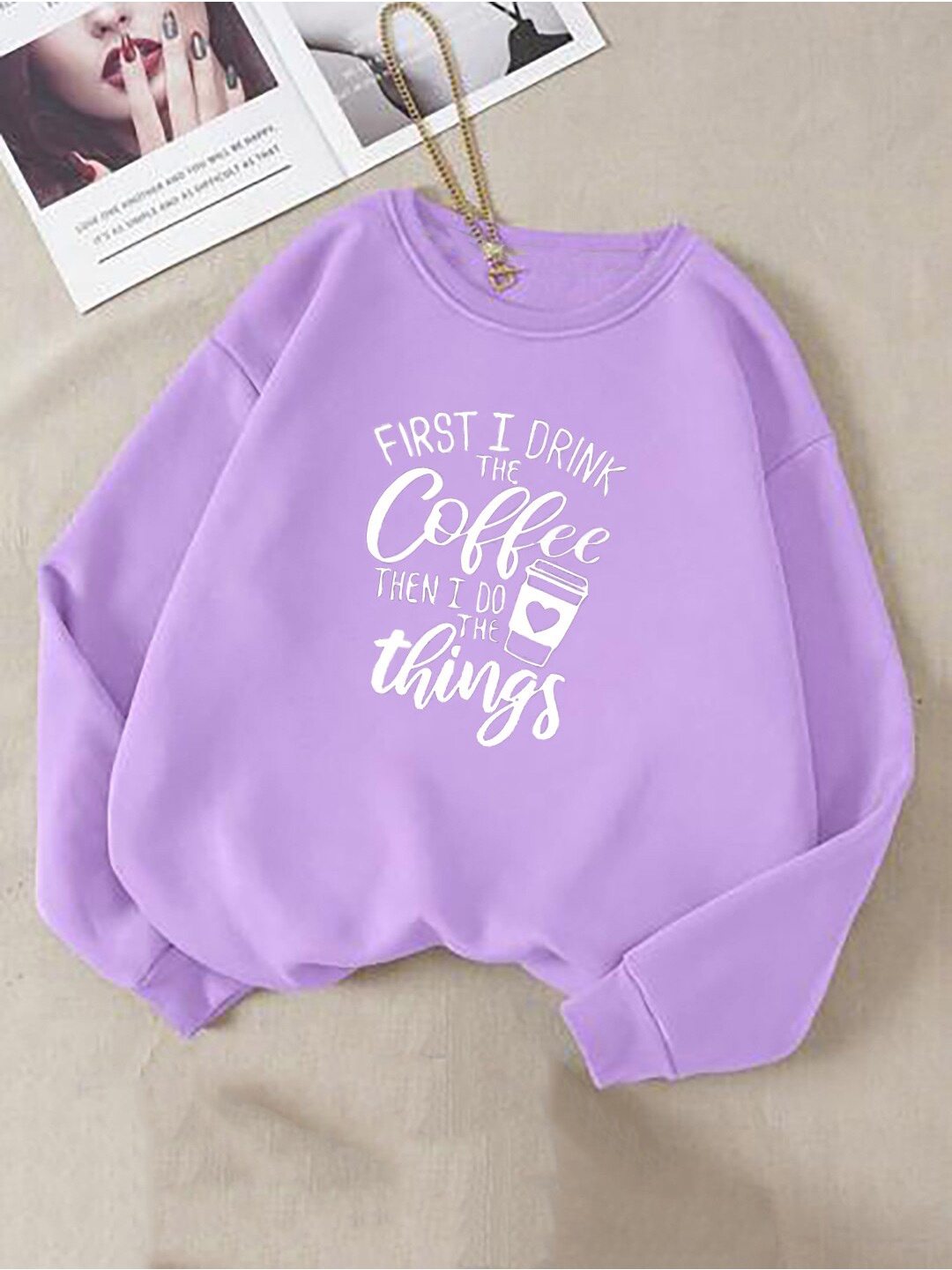 

Kotty Typography Printed Round Neck Fleece Pullover Sweatshirt, Lavender