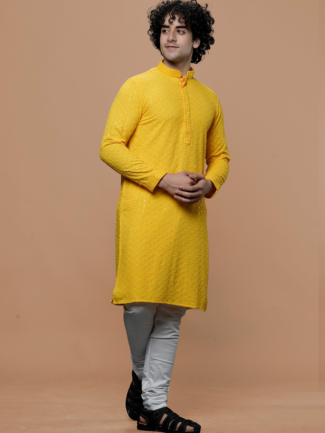 

MAAHI FABS Ethnic Motifs Embroidered Sequinned Pure Cotton Straight Kurta, Yellow