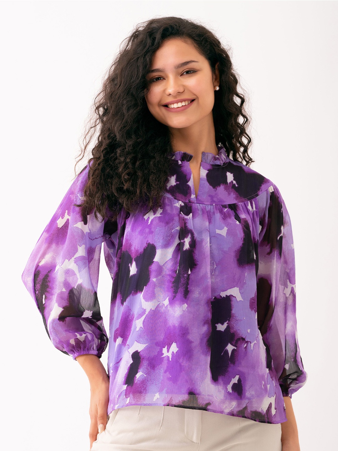 

AASK Abstract Printed Puff Sleeves Gathered Detailed Top, Purple