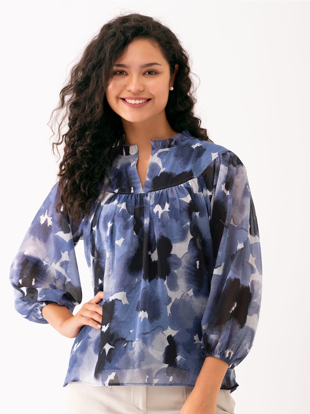 

AASK Abstract Printed Puff Sleeves Gathered Detailed Top, Navy blue