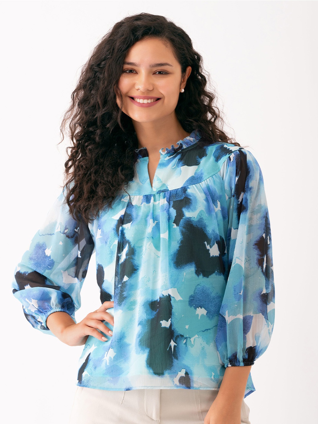 

AASK Abstract Printed Puff Sleeves Gathered Detailed Top, Blue