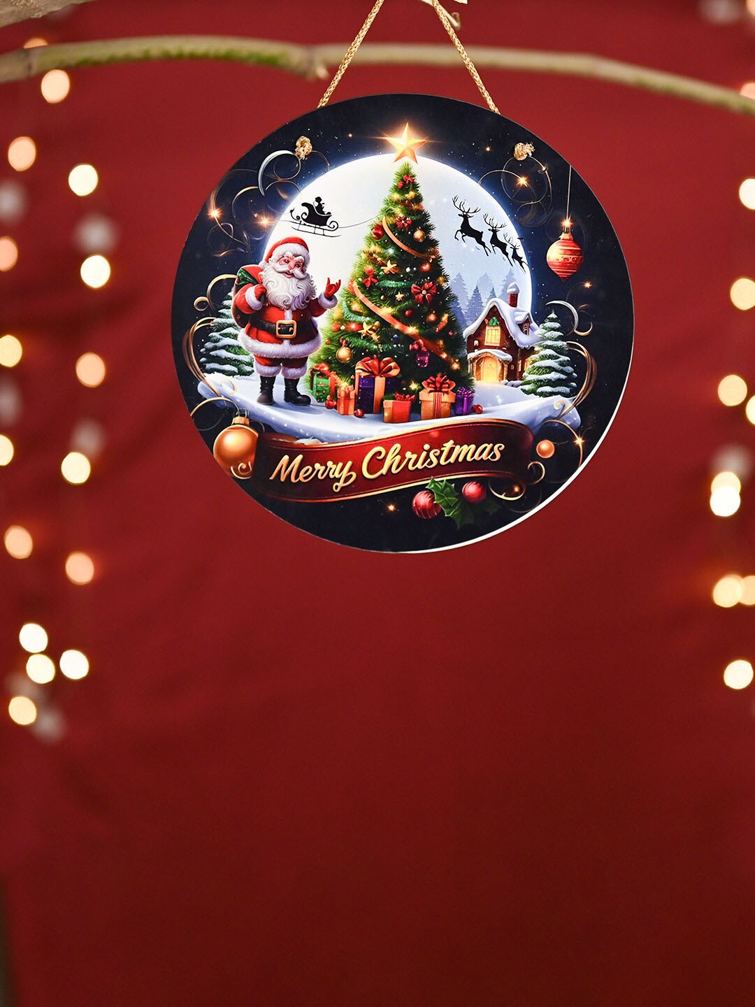 

DecorTwist Blue & Red Printed Wooden Christmas Wall Hanging