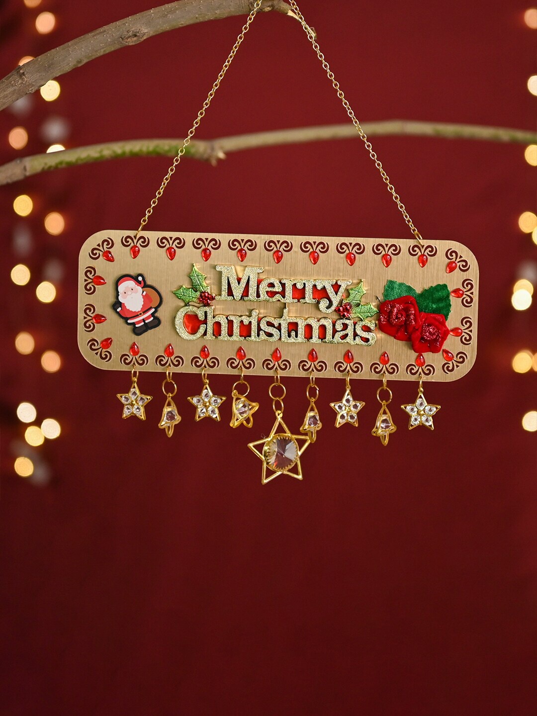 

DecorTwist Beige & Red Textured Wooden Christmas Wall Hanging