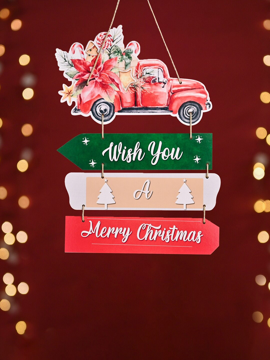 

DecorTwist Red & Green Printed Wooden Christmas Wall Hanging