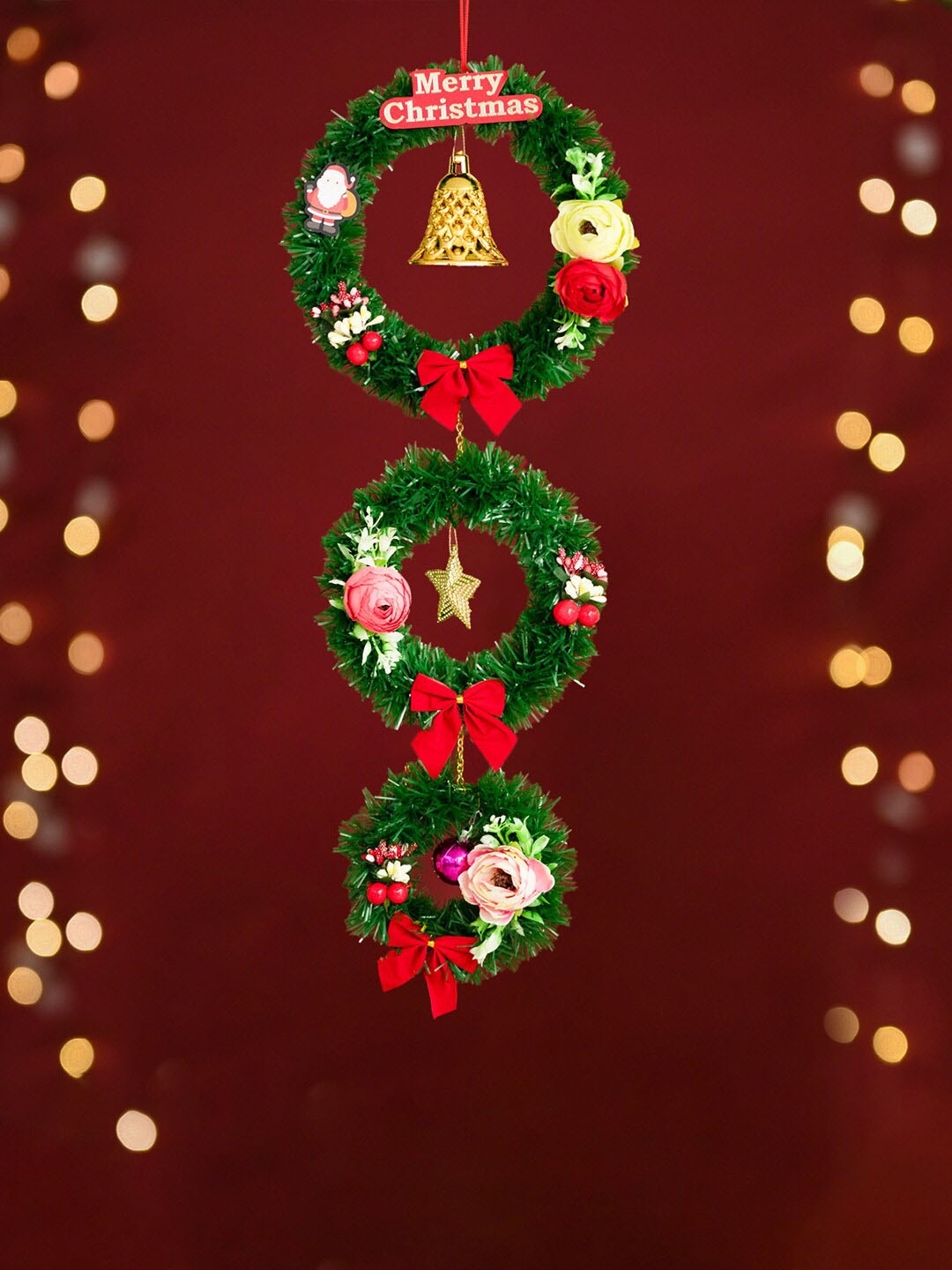 DecorTwist Red & Green 3 Pieces Wooden Christmas Wall Hanging