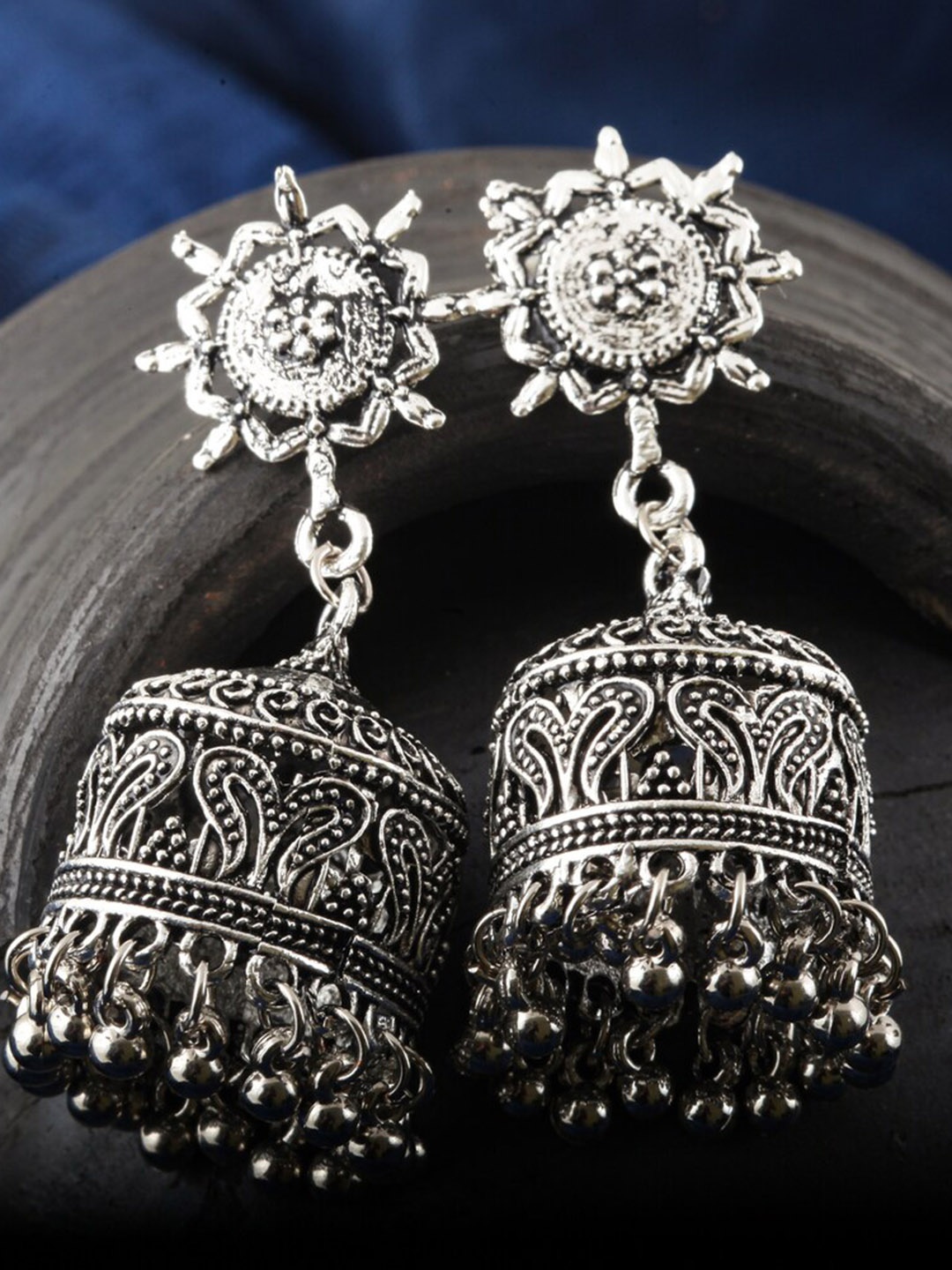 

MEENAZ Silver-Plated Dome Shaped Oxidised Jhumkas