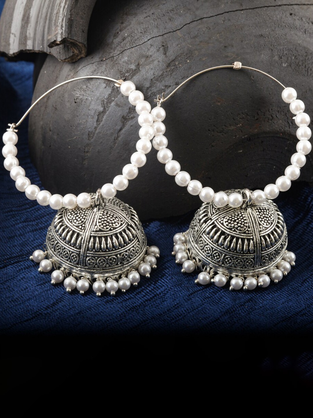 

MEENAZ Silver-Plated Oxidised Beaded Dome Shaped Jhumkas