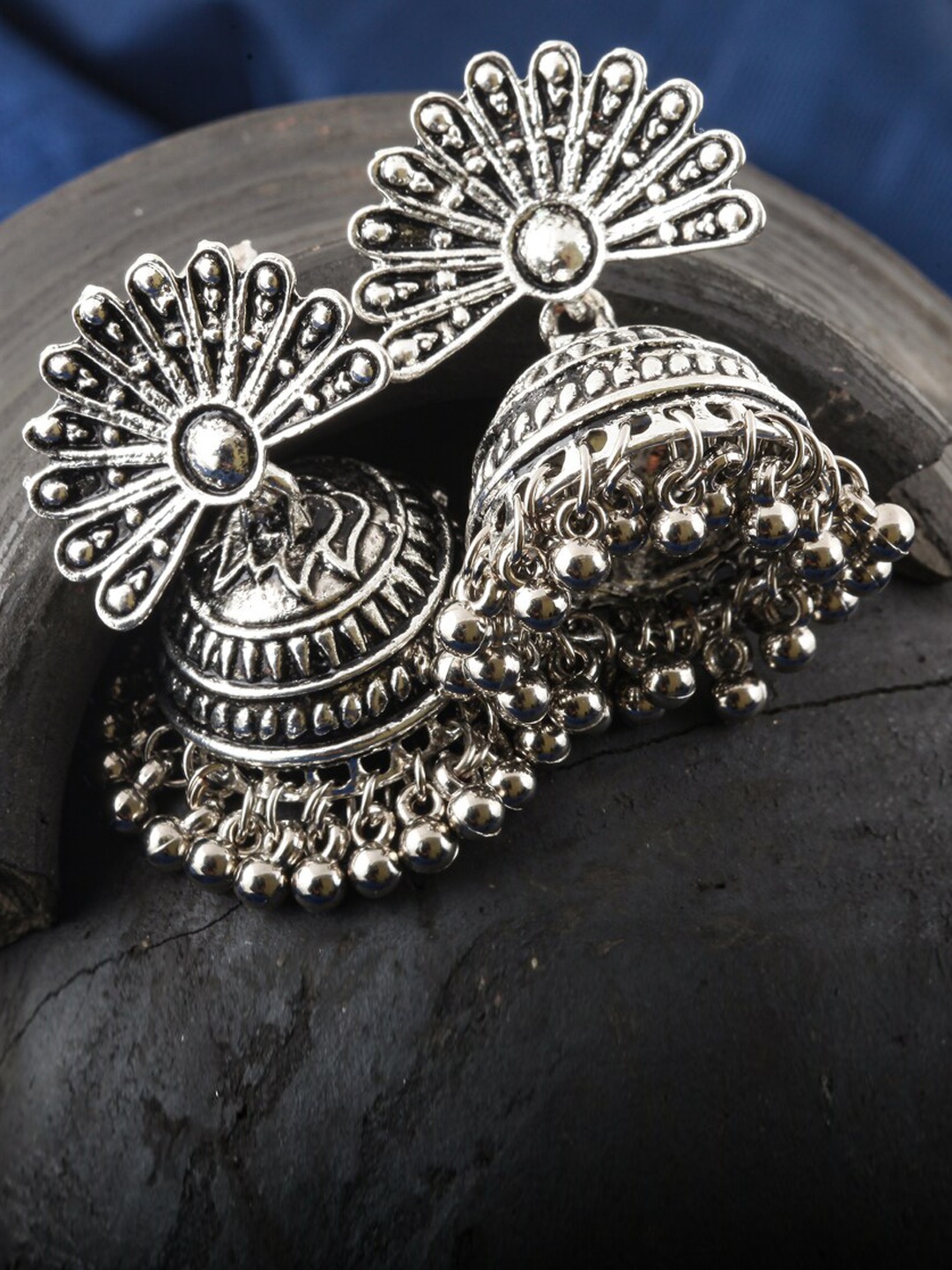 

MEENAZ Silver-Plated Stainless Steel Beads Beaded Dome Shaped Oxidised Jhumkas