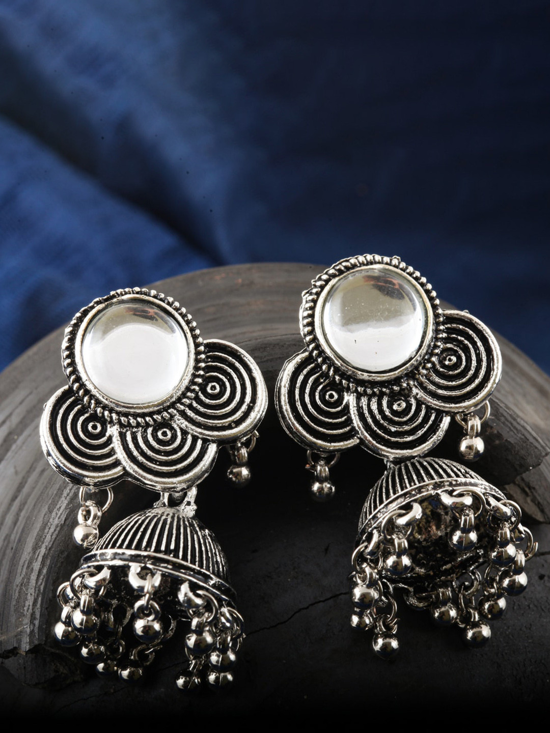 

MEENAZ Silver-Plated Stainless Steel Beaded Oxidised Contemporary Jhumkas