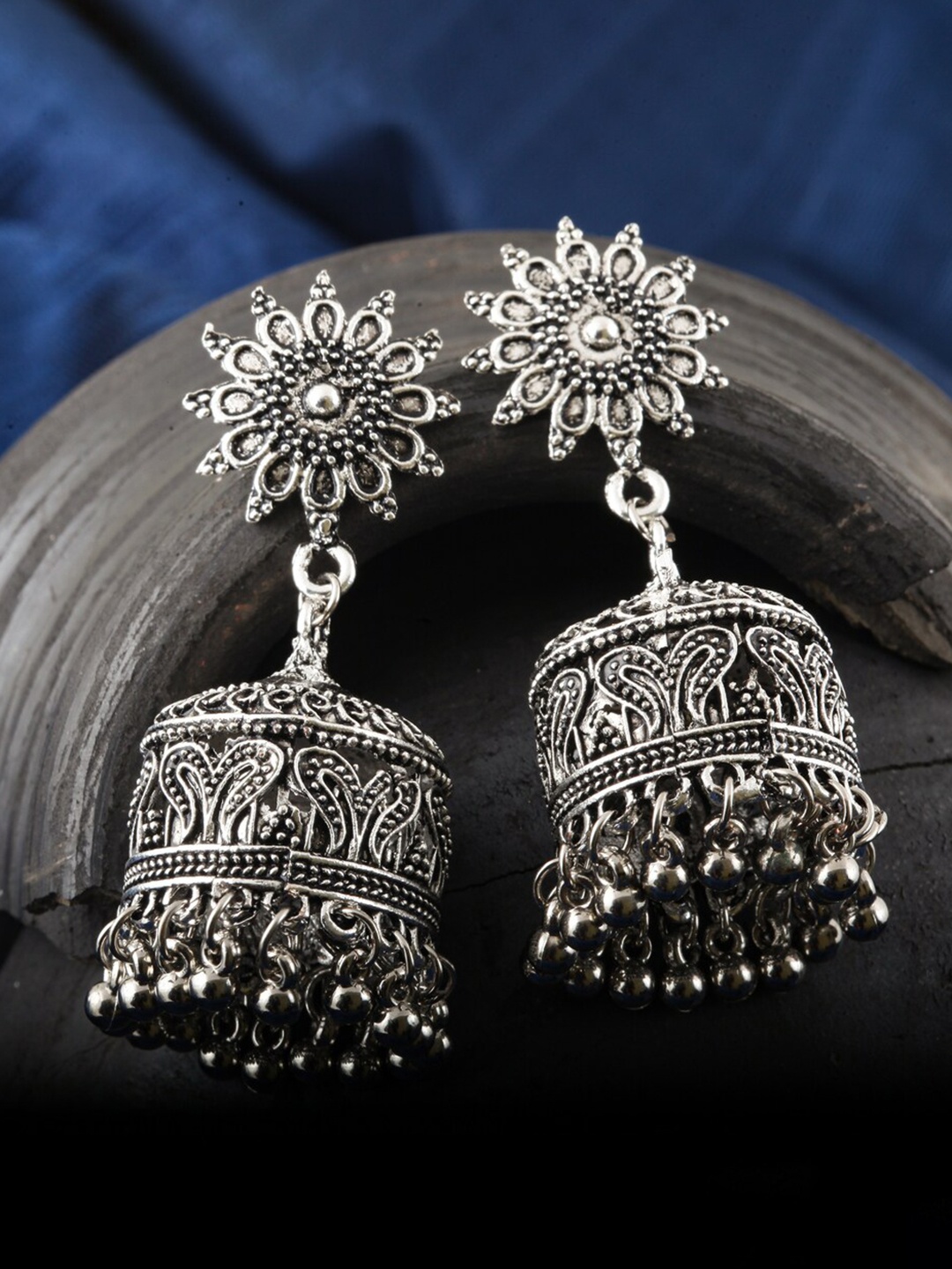 

MEENAZ Silver-Plated Oxidised Dome-Shaped Jhumkas