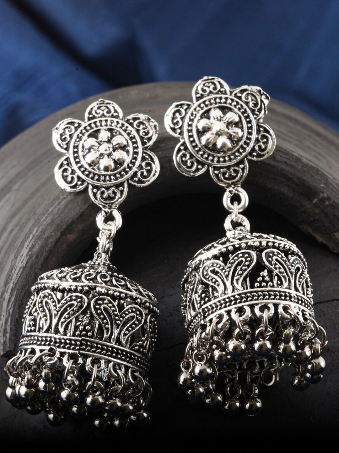 

MEENAZ Silver-Plated Oxidised Beaded Dome Shaped Jhumkas