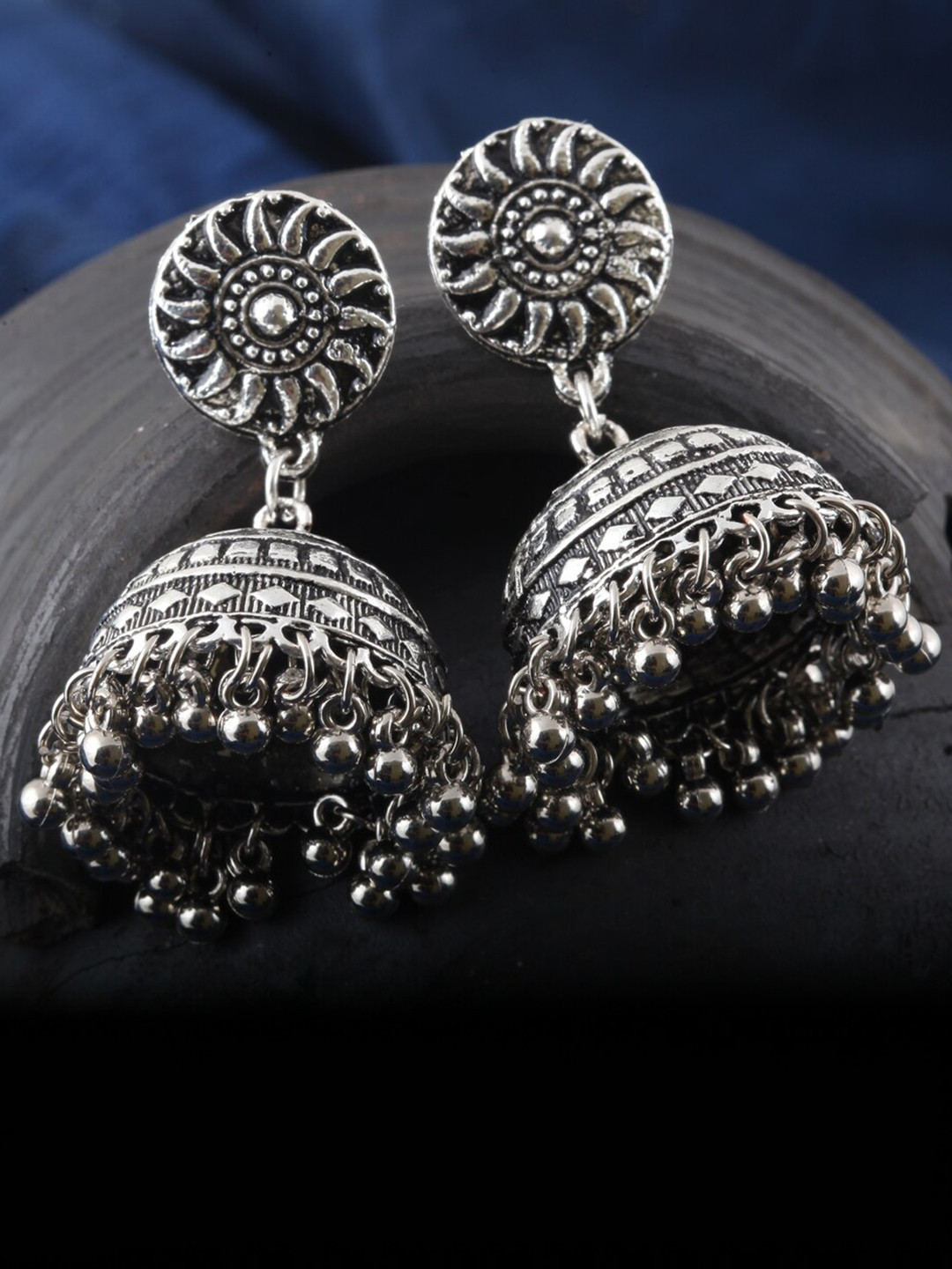 

MEENAZ Silver-Plated Oxidised Dome-Shaped Jhumkas