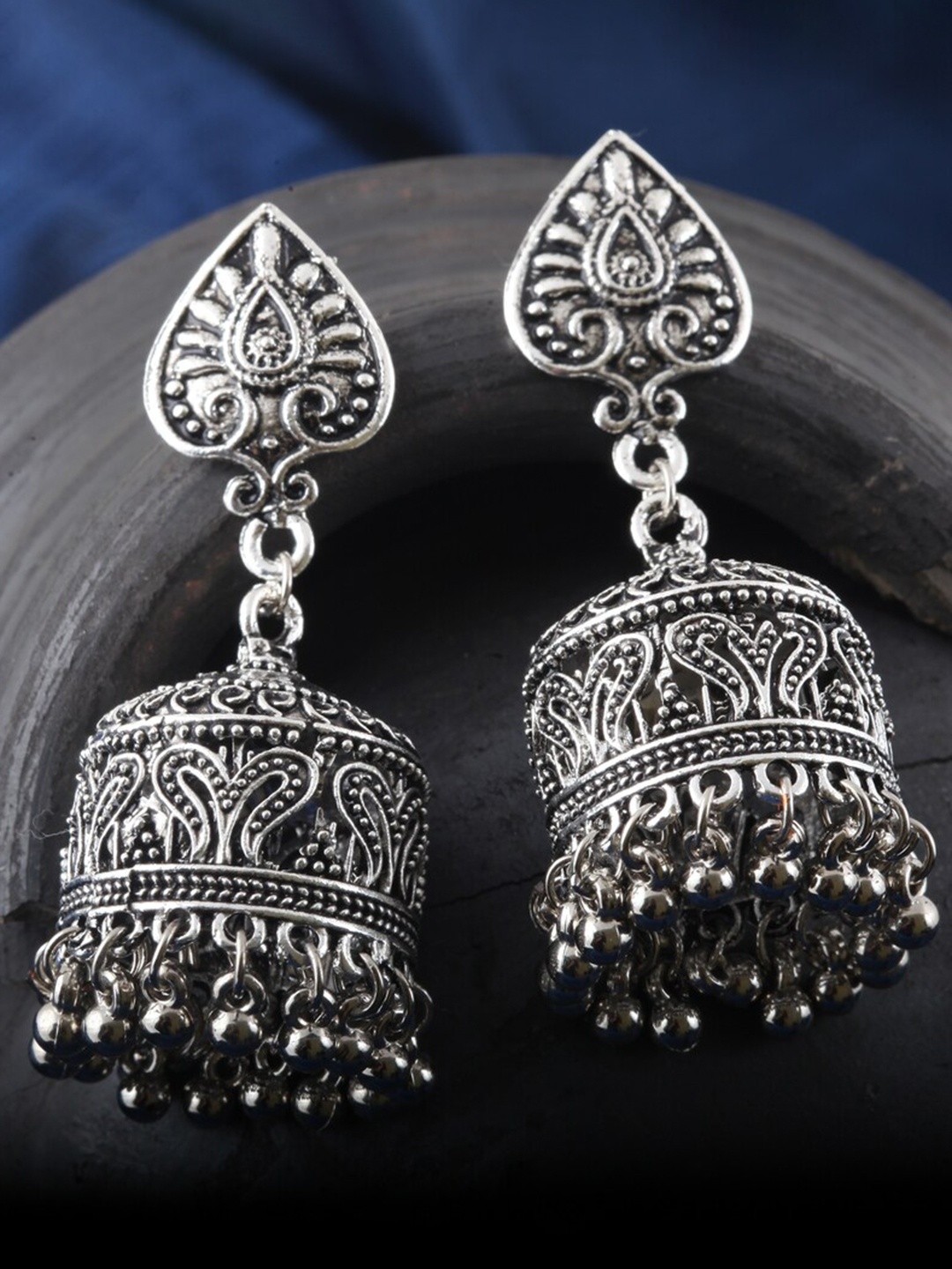 

MEENAZ Silver-Plated Stainless Steel Beaded Oxidised Contemporary Jhumkas