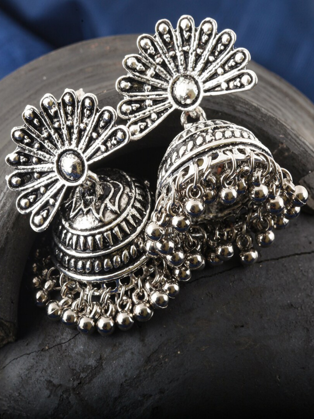 

MEENAZ Silver-Plated Stainless Steel Beads Beaded Dome Shaped Oxidised Jhumkas