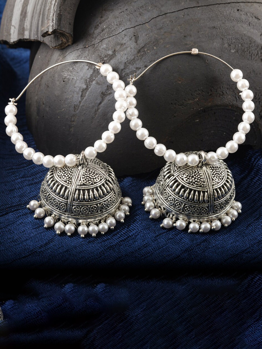 

MEENAZ Silver-Plated Oxidised Beaded Dome Shaped Jhumkas