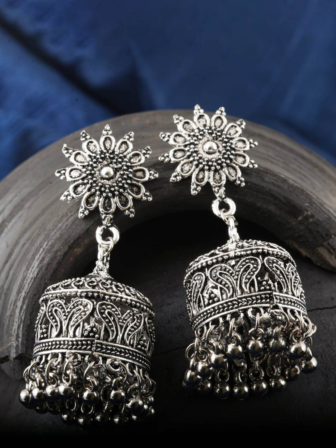 

MEENAZ Silver-Plated Oxidised Dome-Shaped Jhumkas