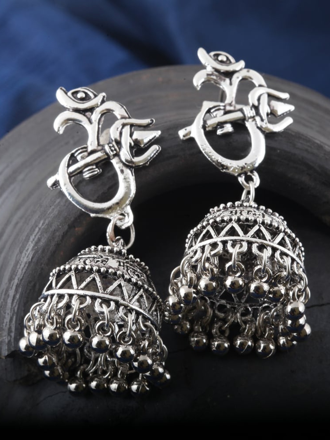 

MEENAZ Silver-Plated Oxidised Dome-Shaped Jhumkas