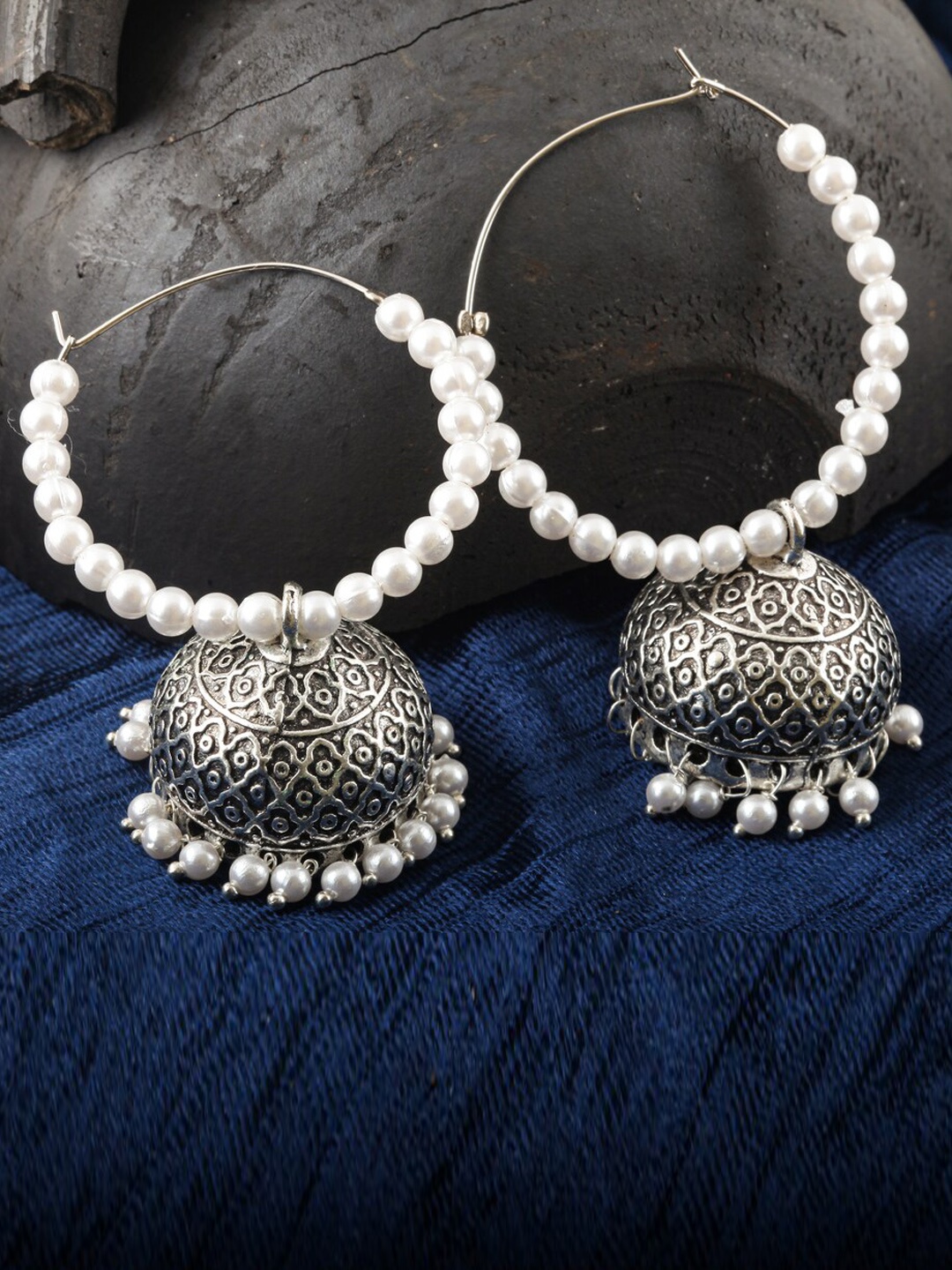 

MEENAZ Silver-Plated Oxidised Beaded Dome Shaped Jhumkas