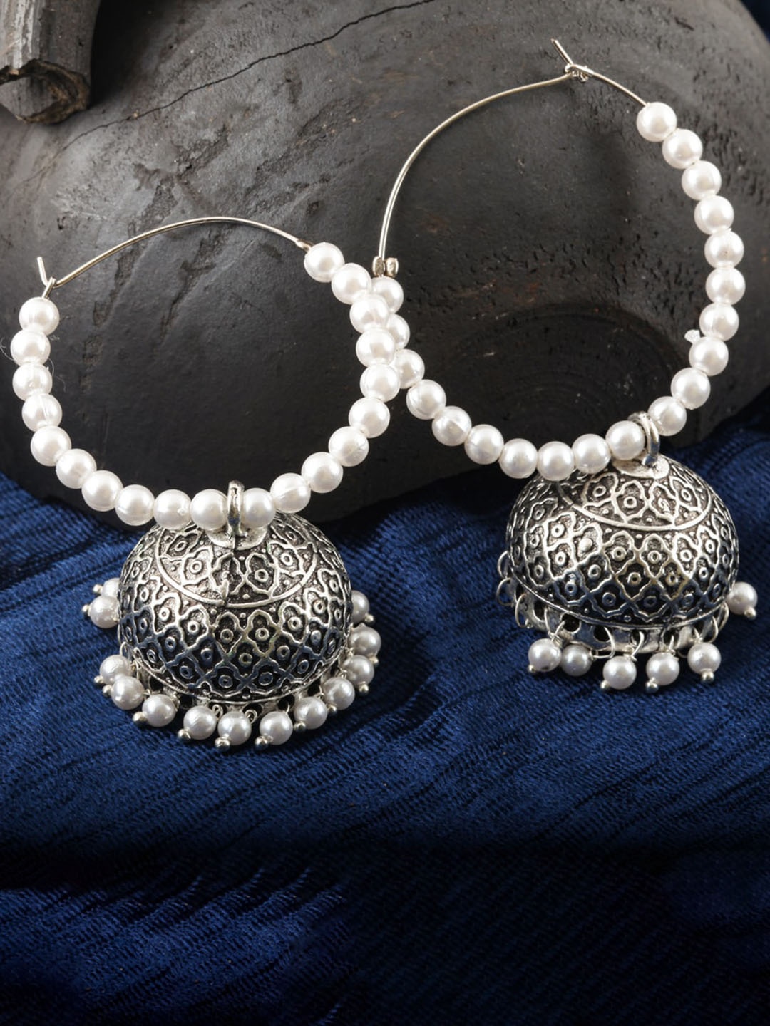 

MEENAZ Silver-Plated Stainless Steel Beaded Oxidised Contemporary Jhumkas